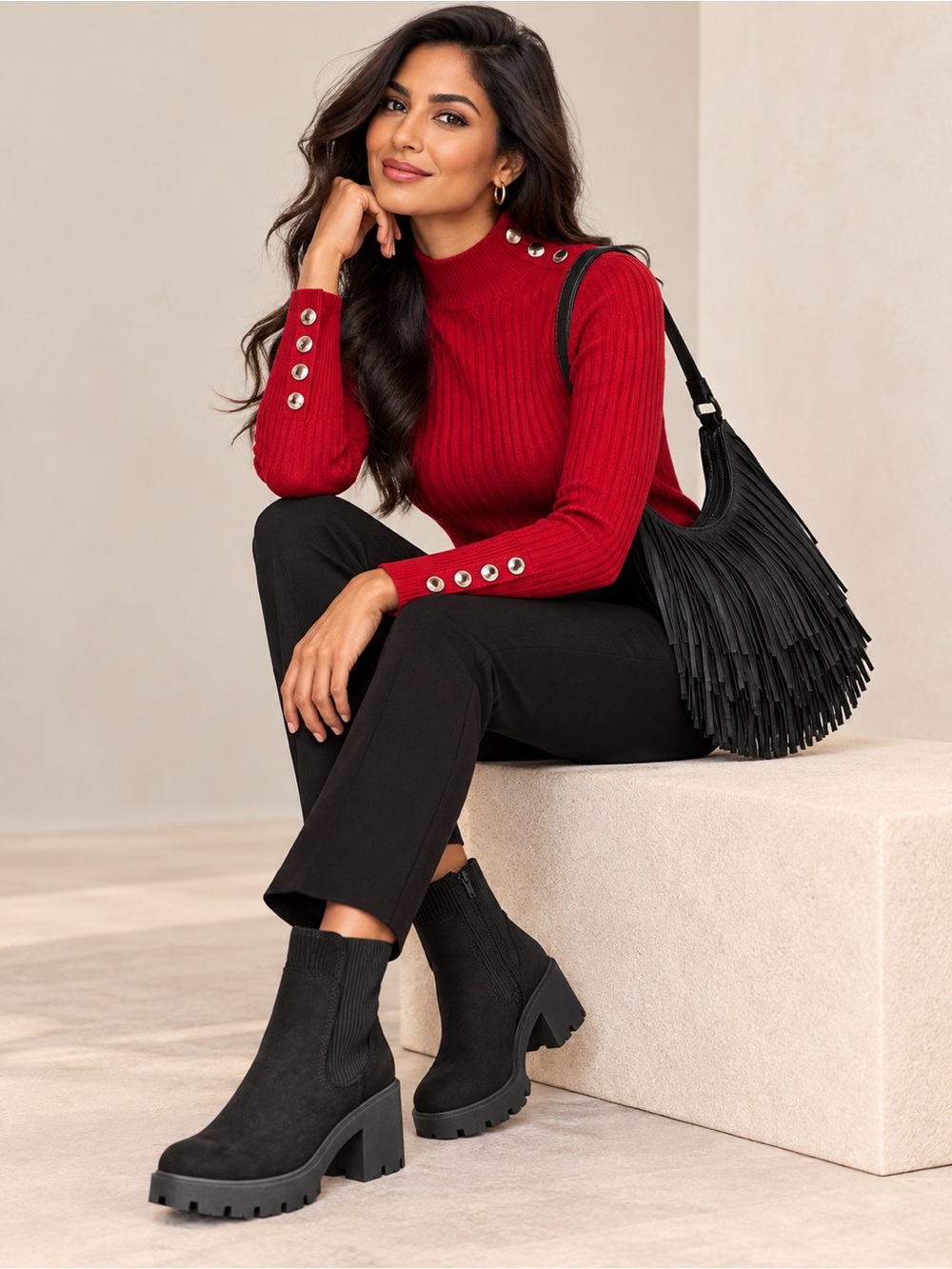 Fred David Petites Red Ribbed Mock Neck Sweater Button Detail